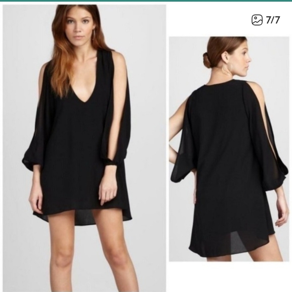Lovers & Friends Black V-Neck Cold-Shoulder Slit-Sleeved Mini-Dress ■ Size XS